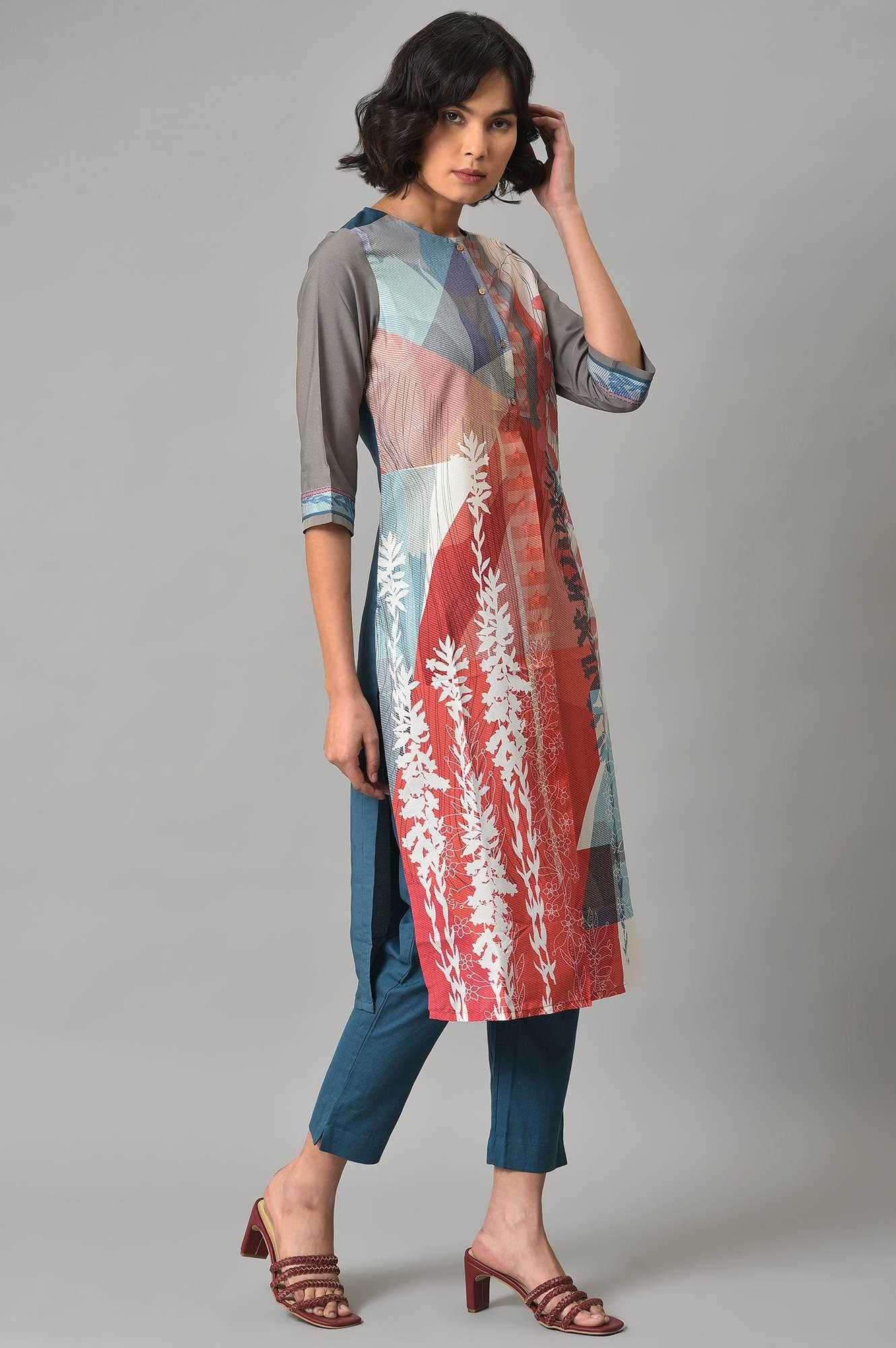 Bright Multi-Coloured A-Line kurta With Blue Slim Pants - wforwoman