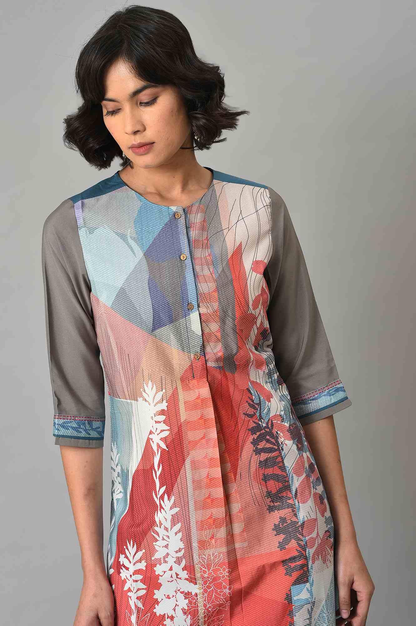 Bright Multi-Coloured A-Line kurta With Blue Slim Pants - wforwoman