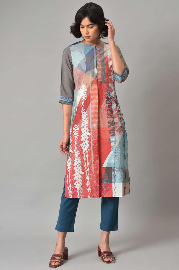 Bright Multi-Coloured A-Line kurta With Blue Slim Pants