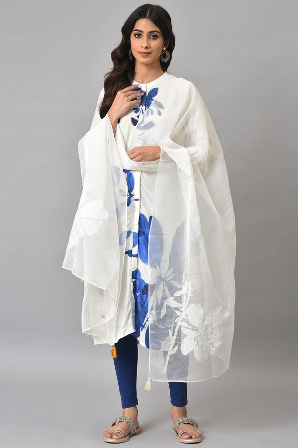 Ecru Shirt kurta With Dark Blue Tights And Organza Dupatta