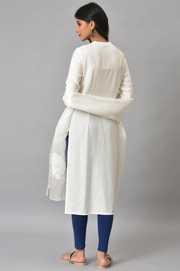 Ecru Shirt kurta With Dark Blue Tights And Organza Dupatta