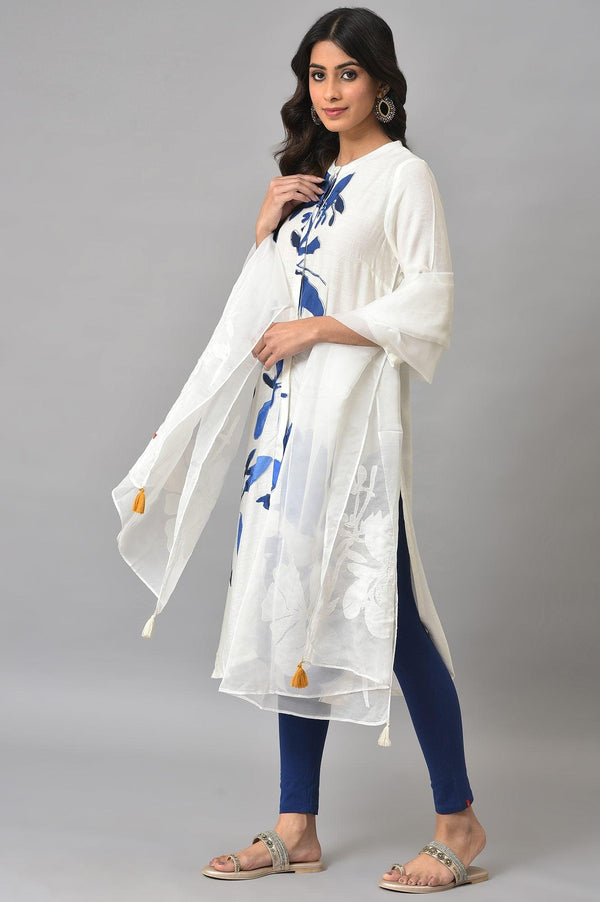 Ecru Shirt kurta With Dark Blue Tights And Organza Dupatta