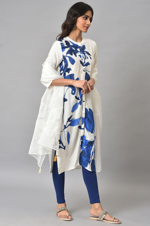 Ecru Shirt kurta With Dark Blue Tights And Organza Dupatta