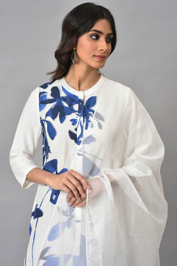 Ecru Shirt kurta With Dark Blue Tights And Organza Dupatta