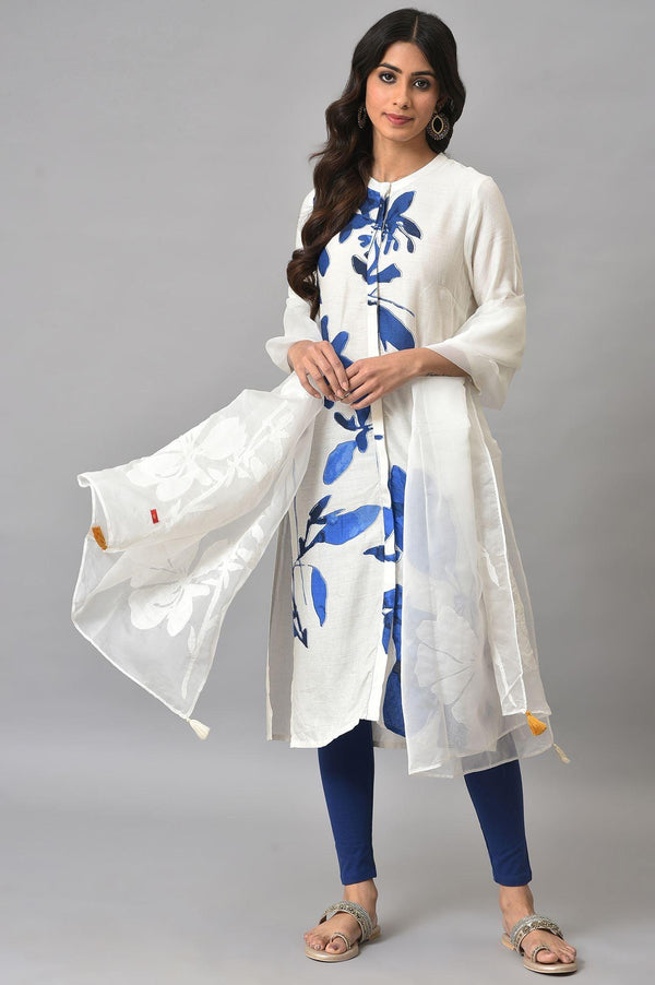 Ecru Shirt kurta With Dark Blue Tights And Organza Dupatta