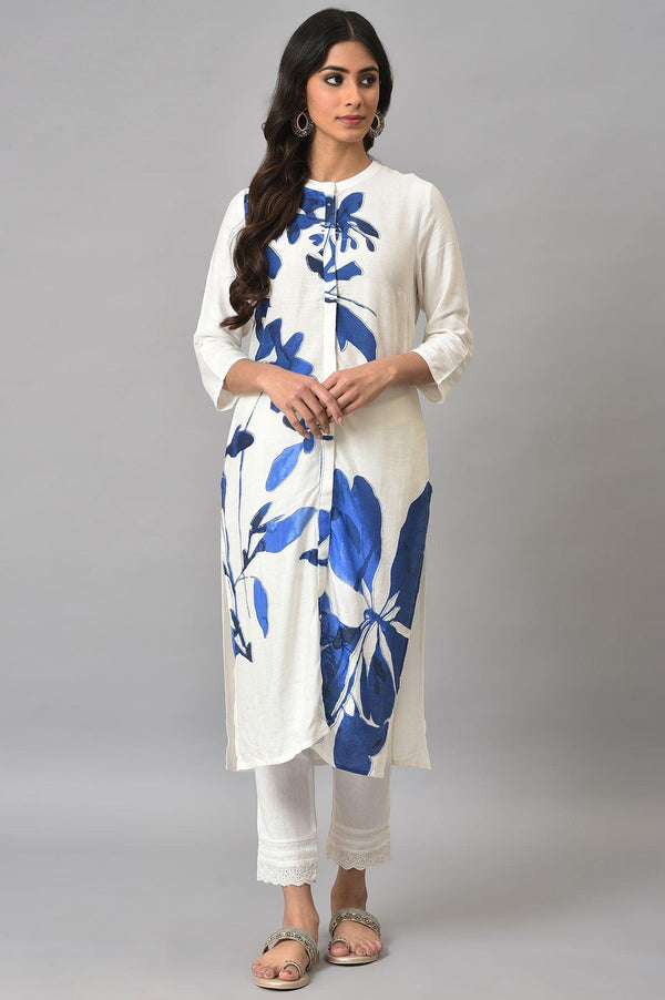 Ecru Floral Print kurta With Lace Slim Pants