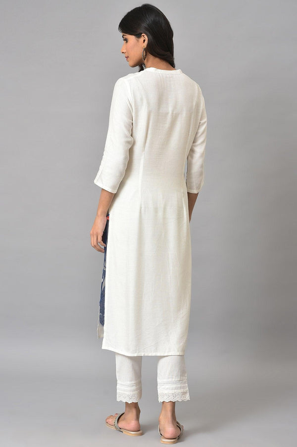Ecru Floral Print kurta With Lace Slim Pants