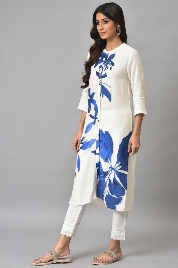 Ecru Floral Print kurta With Lace Slim Pants