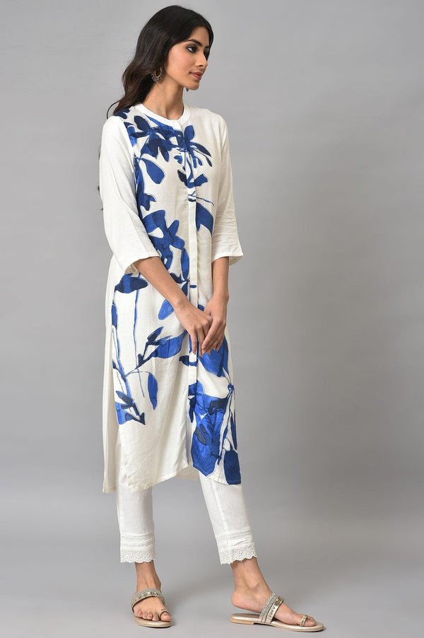 Ecru Floral Print kurta With Lace Slim Pants