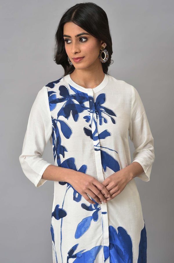 Ecru Floral Print kurta With Lace Slim Pants