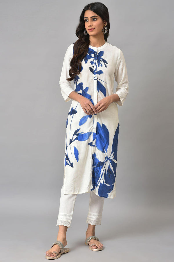 Ecru Floral Print kurta With Lace Slim Pants
