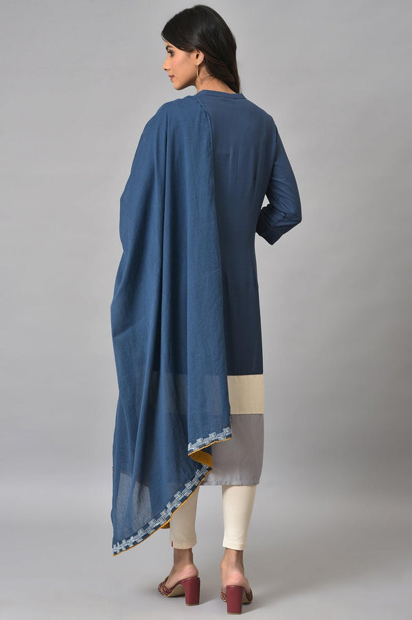 Blue Embroidered kurta With Ecru Tights And Blue Dupatta