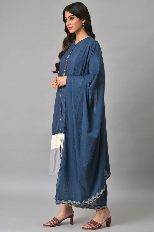Blue Embroidered kurta With Ecru Tights And Blue Dupatta
