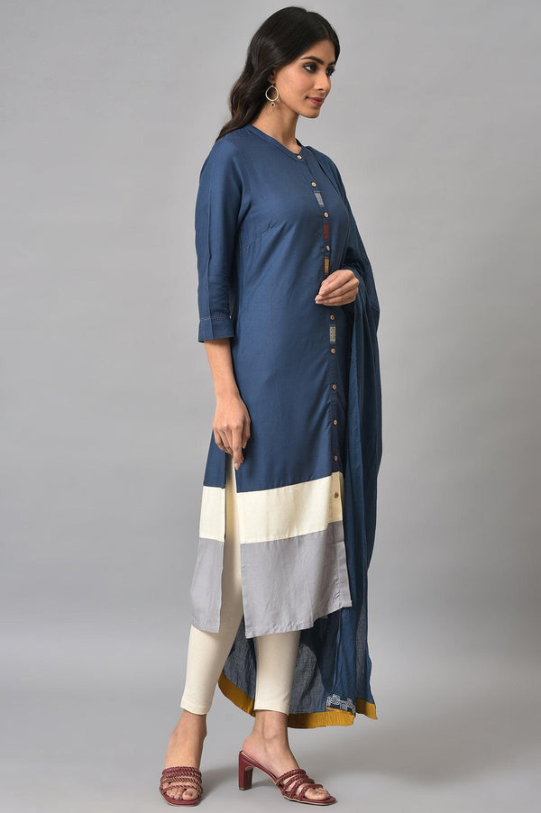 Blue Embroidered kurta With Ecru Tights And Blue Dupatta