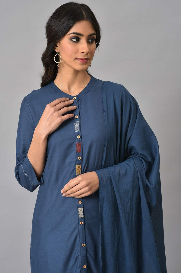 Blue Embroidered kurta With Ecru Tights And Blue Dupatta