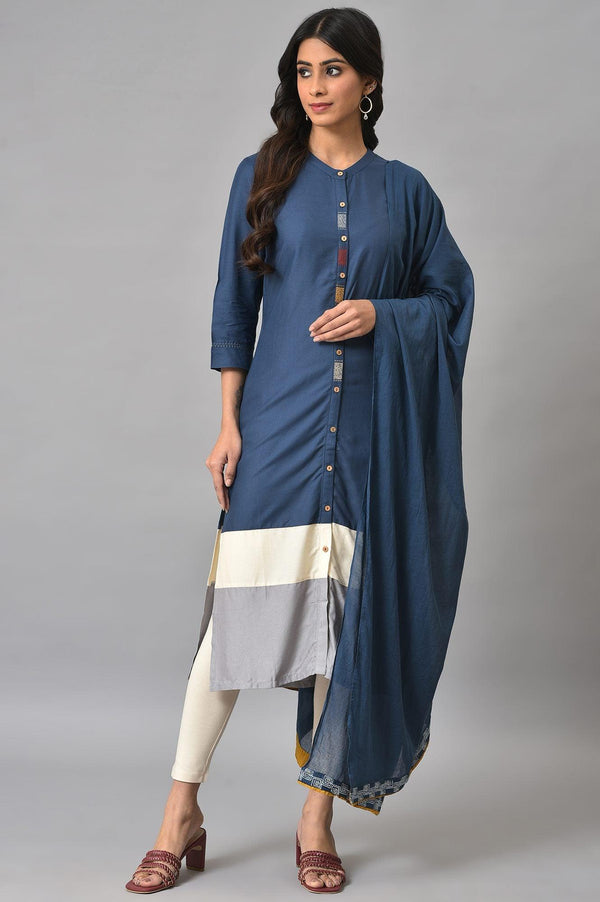 Blue Embroidered kurta With Ecru Tights And Blue Dupatta