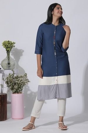 Blue & Grey Colour Block Kurta And Pants Set - XS