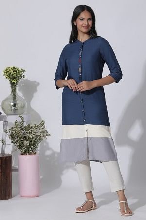 Blue & Grey Colour Block Kurta And Pants Set