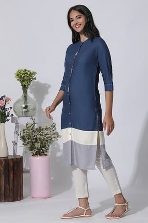 Blue & Grey Colour Block Kurta And Pants Set