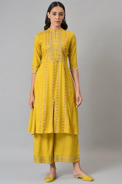 Dark Yellow Embroidered A-Line kurta With Printed Parallel Pants - wforwoman