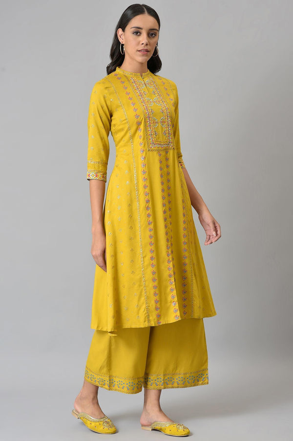 Dark Yellow Embroidered A-Line kurta With Printed Parallel Pants