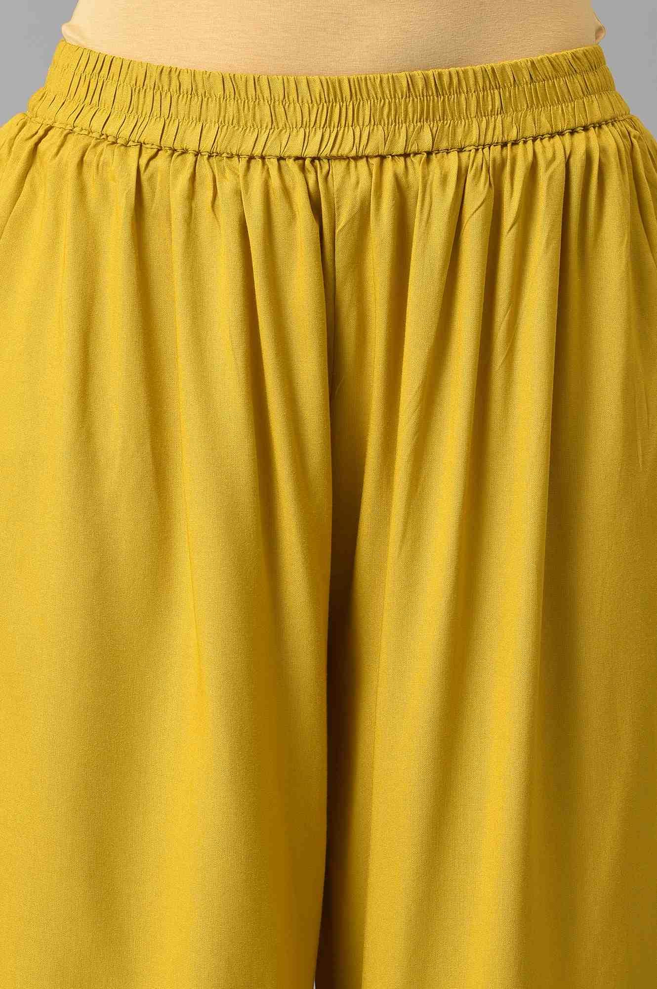 Dark Yellow Embroidered A-Line kurta With Printed Parallel Pants - wforwoman