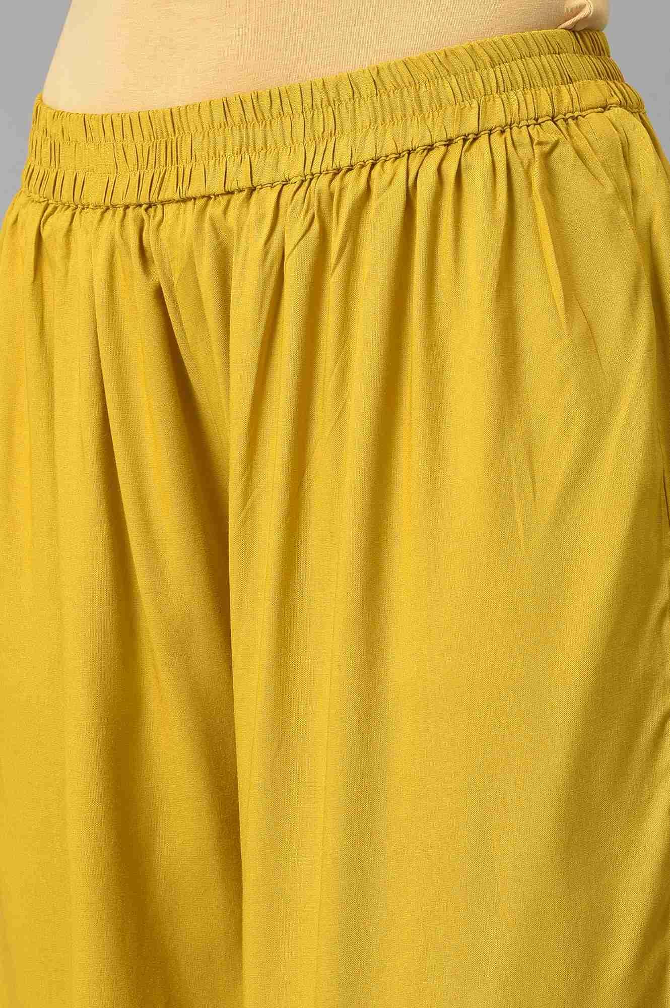 Dark Yellow Embroidered A-Line kurta With Printed Parallel Pants - wforwoman