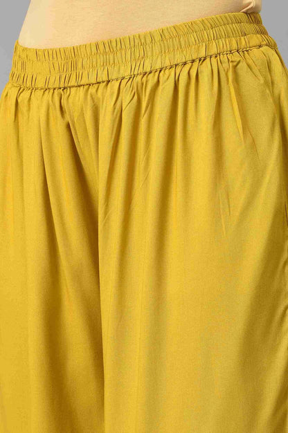 Dark Yellow Embroidered A-Line kurta With Printed Parallel Pants - wforwoman