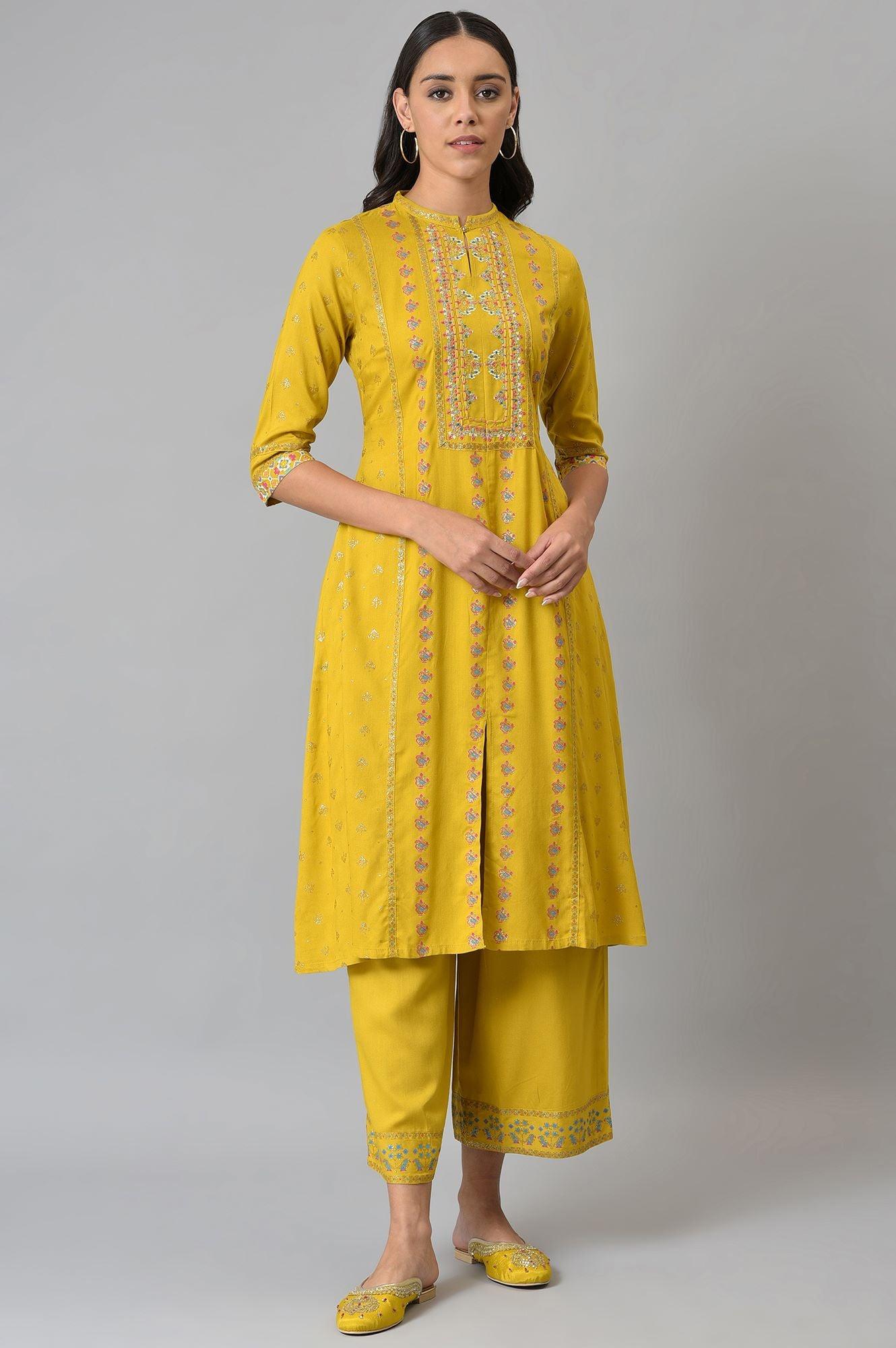 Dark Yellow Embroidered A-Line kurta With Printed Parallel Pants - wforwoman