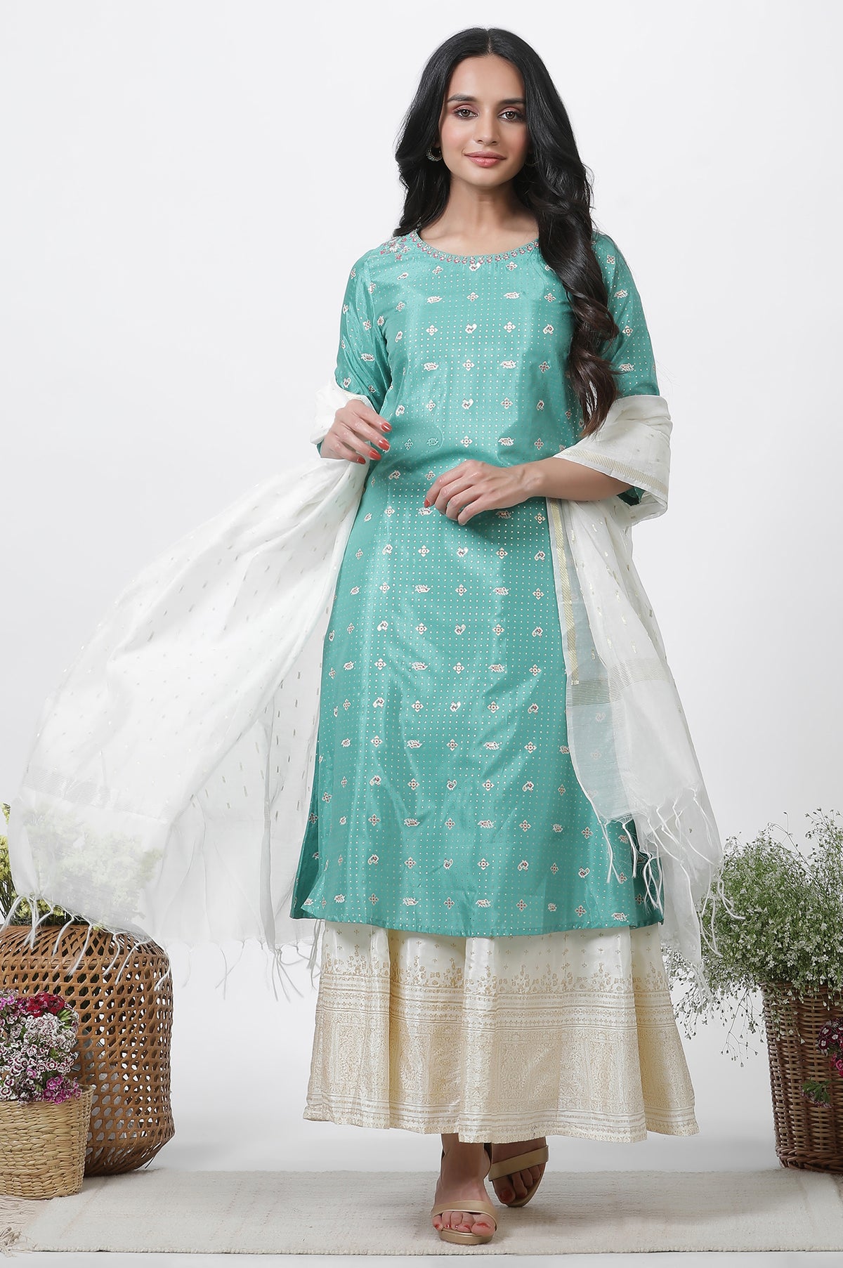 Marine Green A-Line Glitter Printed Kurta, Pants And Dupatta Set - XS