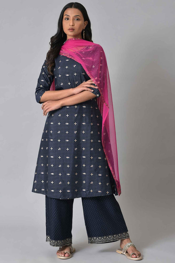 Navy Blue Printed kurta With Parallel Pants And Pink Chiffon Dupatta