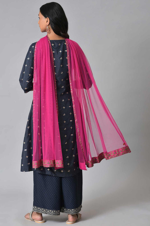Navy Blue Printed kurta With Parallel Pants And Pink Chiffon Dupatta