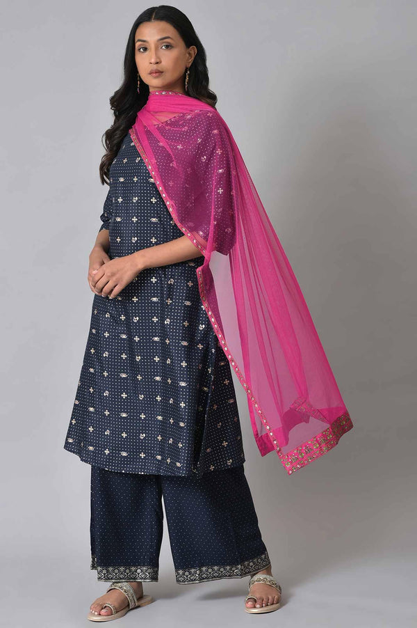 Navy Blue Printed kurta With Parallel Pants And Pink Chiffon Dupatta
