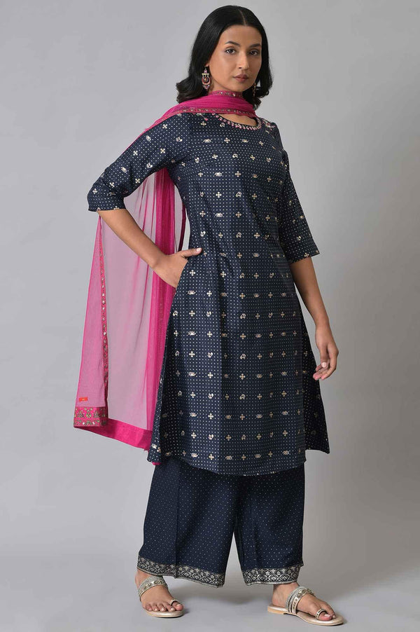 Navy Blue Printed kurta With Parallel Pants And Pink Chiffon Dupatta