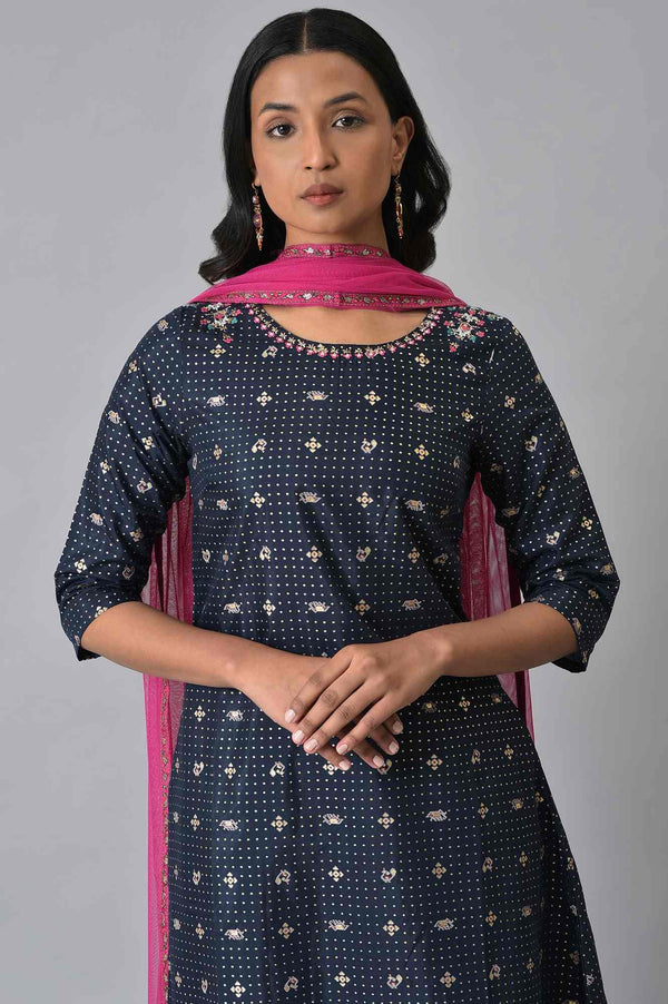 Navy Blue Printed kurta With Parallel Pants And Pink Chiffon Dupatta