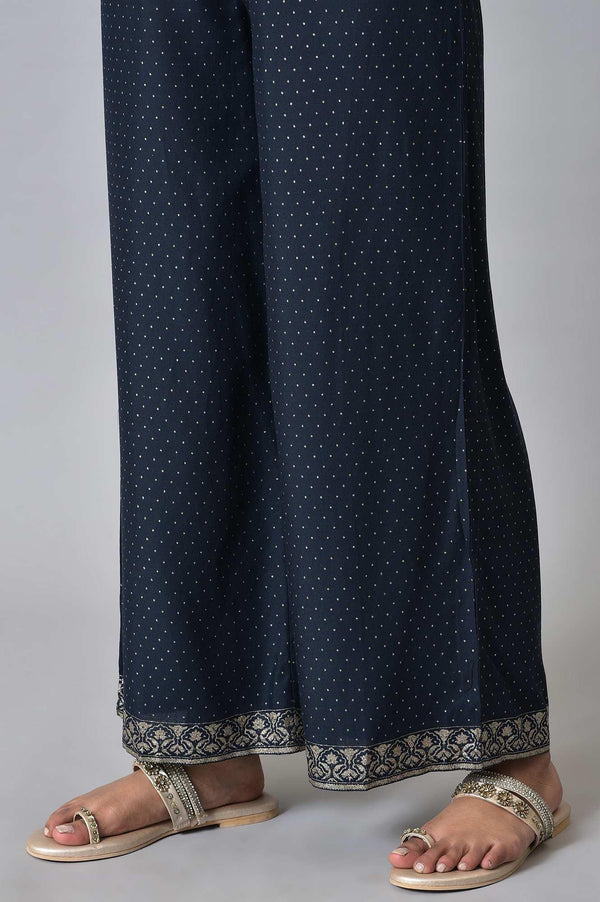 Navy Blue Printed kurta With Parallel Pants And Pink Chiffon Dupatta