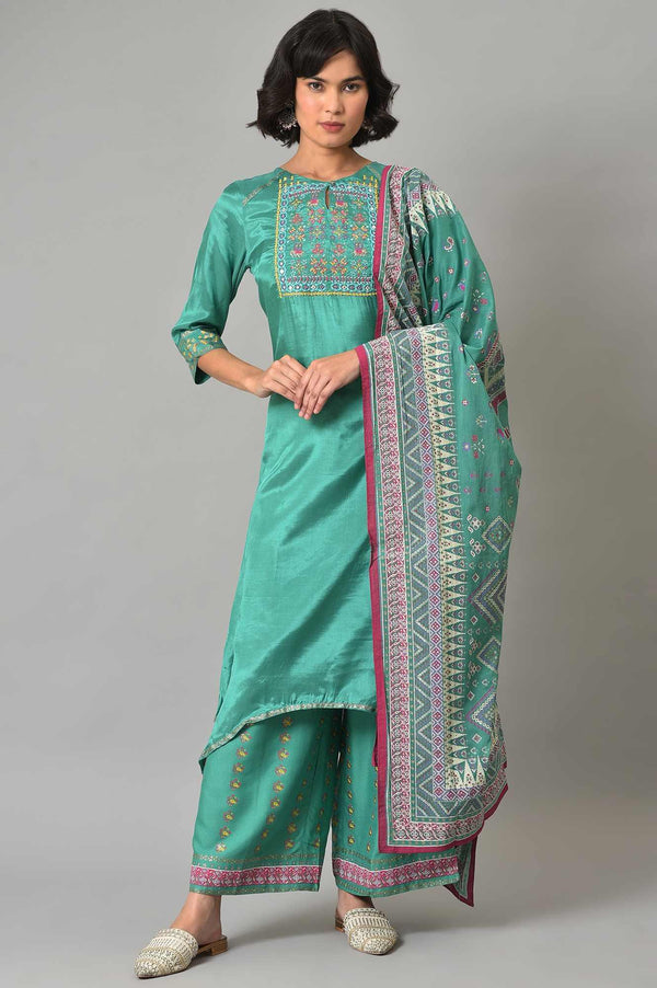 Green Embroidered Shantung kurta With Printed Parallel Pants And Dupatta