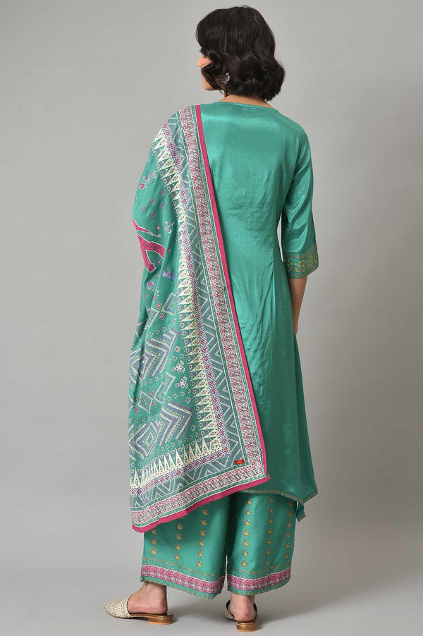 Green Embroidered Shantung kurta With Printed Parallel Pants And Dupatta