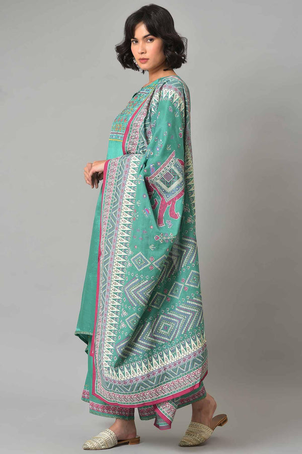 Green Embroidered Shantung kurta With Printed Parallel Pants And Dupatta
