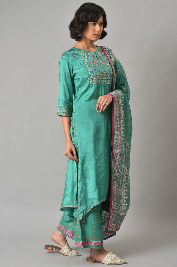 Green Embroidered Shantung kurta With Printed Parallel Pants And Dupatta