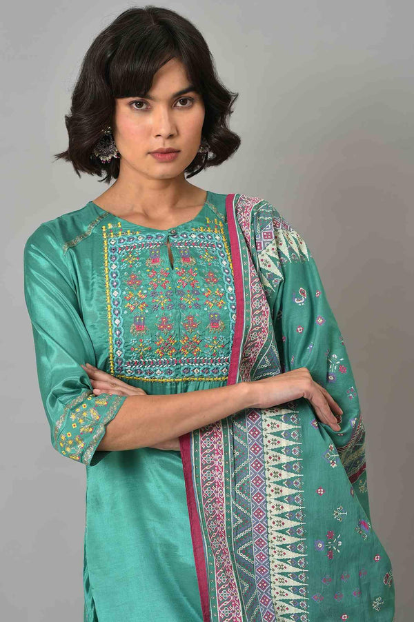 Green Embroidered Shantung kurta With Printed Parallel Pants And Dupatta