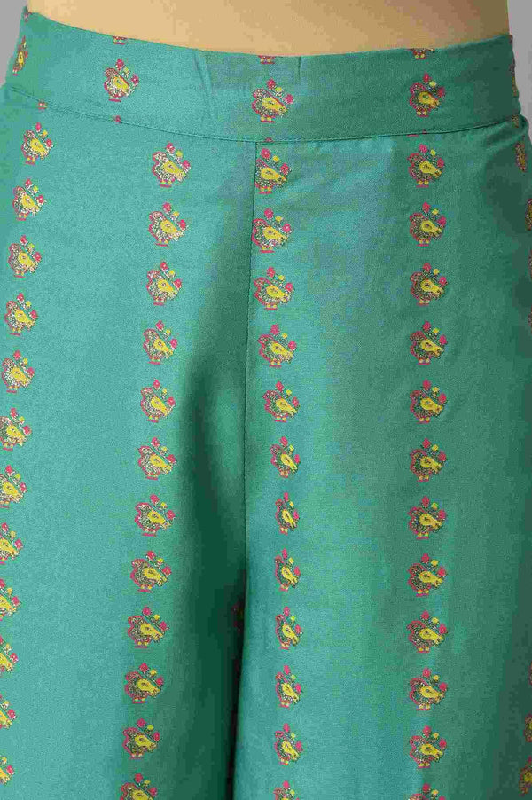 Green Embroidered Shantung kurta With Printed Parallel Pants And Dupatta