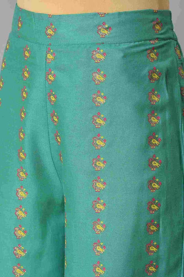 Green Embroidered Shantung kurta With Printed Parallel Pants And Dupatta