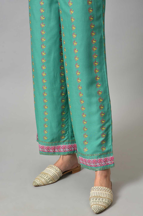 Green Embroidered Shantung kurta With Printed Parallel Pants And Dupatta