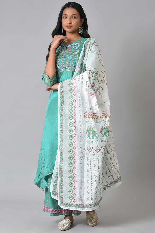 Green Embroidered kurta With Parallel Pants And Ecru Printed Dupatta
