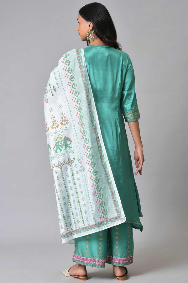 Green Embroidered kurta With Parallel Pants And Ecru Printed Dupatta