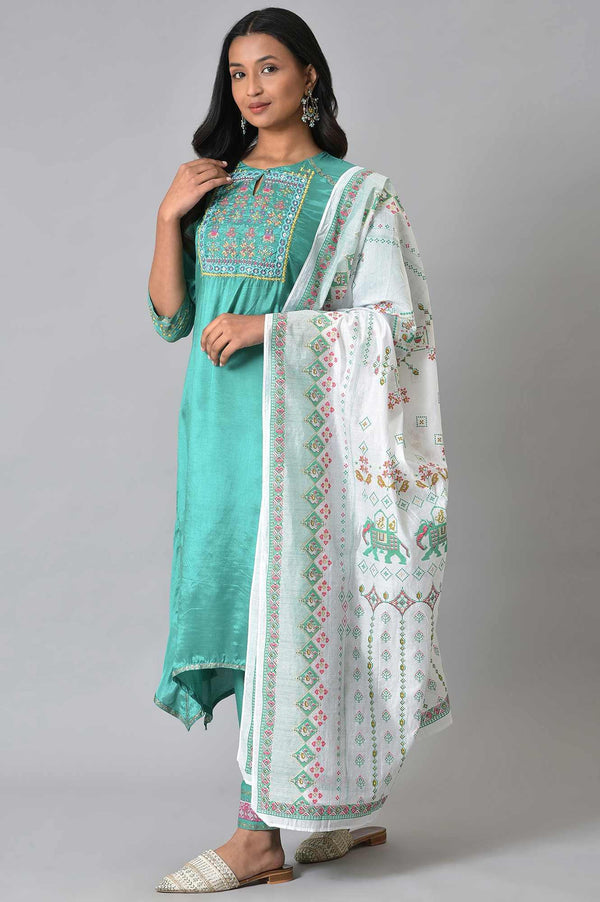 Green Embroidered kurta With Parallel Pants And Ecru Printed Dupatta