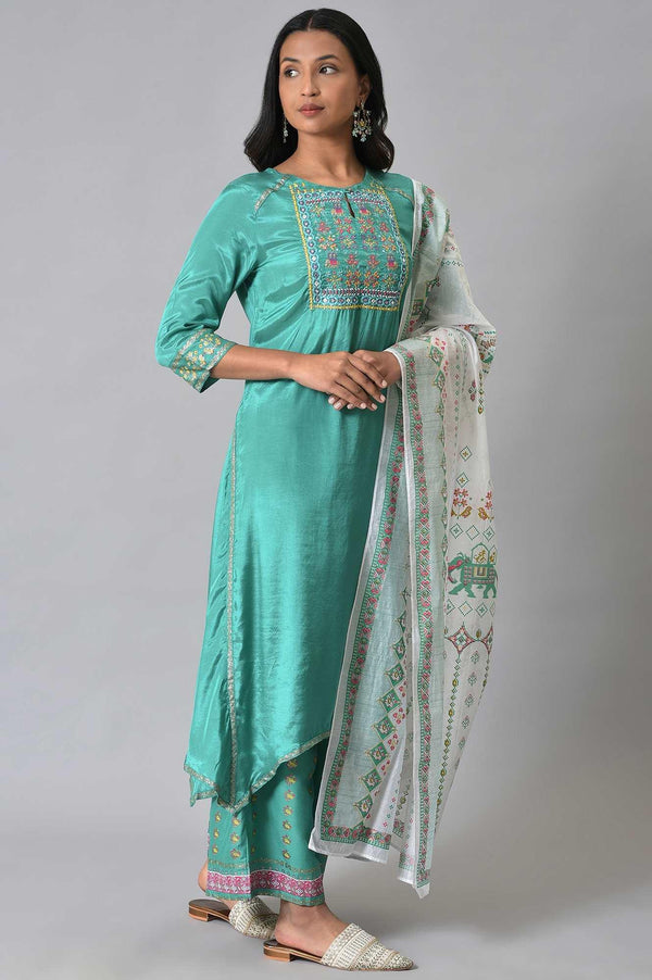 Green Embroidered kurta With Parallel Pants And Ecru Printed Dupatta