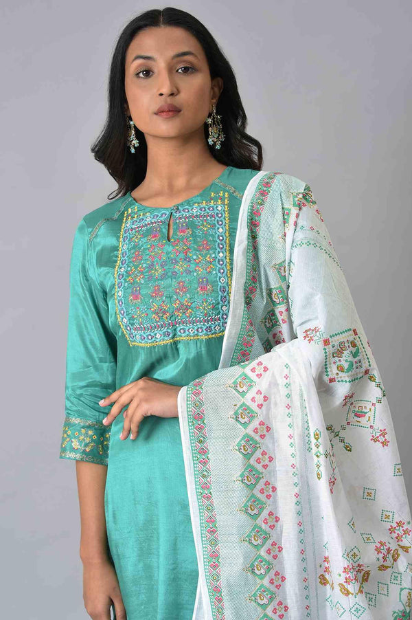 Green Embroidered kurta With Parallel Pants And Ecru Printed Dupatta
