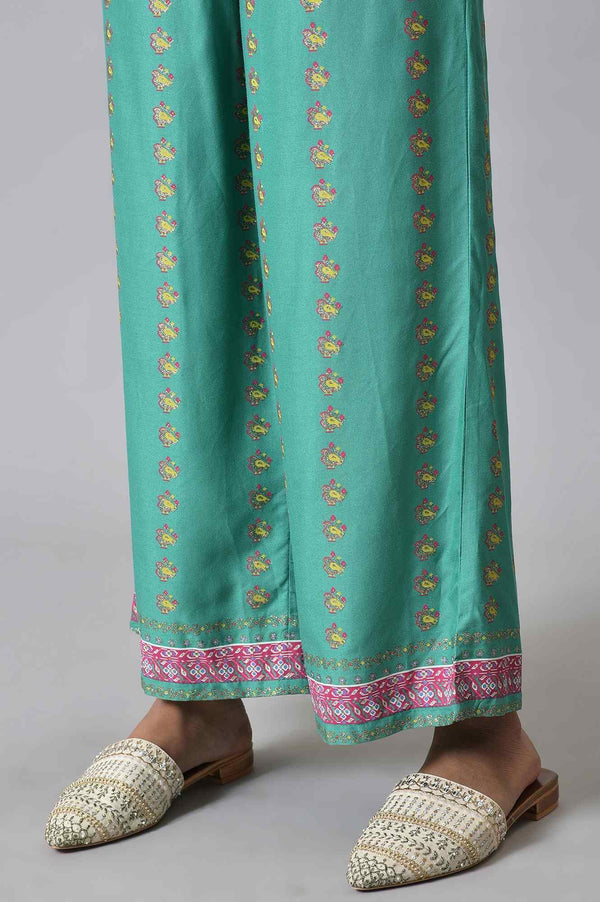 Green Embroidered kurta With Parallel Pants And Ecru Printed Dupatta